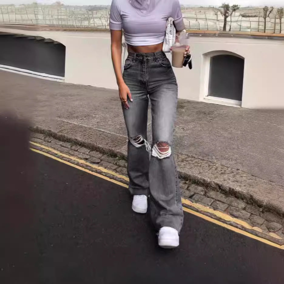 Damen Vintage Schlagjeans mit modischen Rissdetails und hohem Bund Echo Archiv