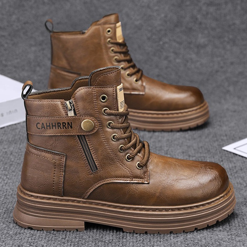 Herren robuste Lederoptik Combat-Boots mit seitlichem Reißverschluss und gepolsterter Plateausohle – Tavélo