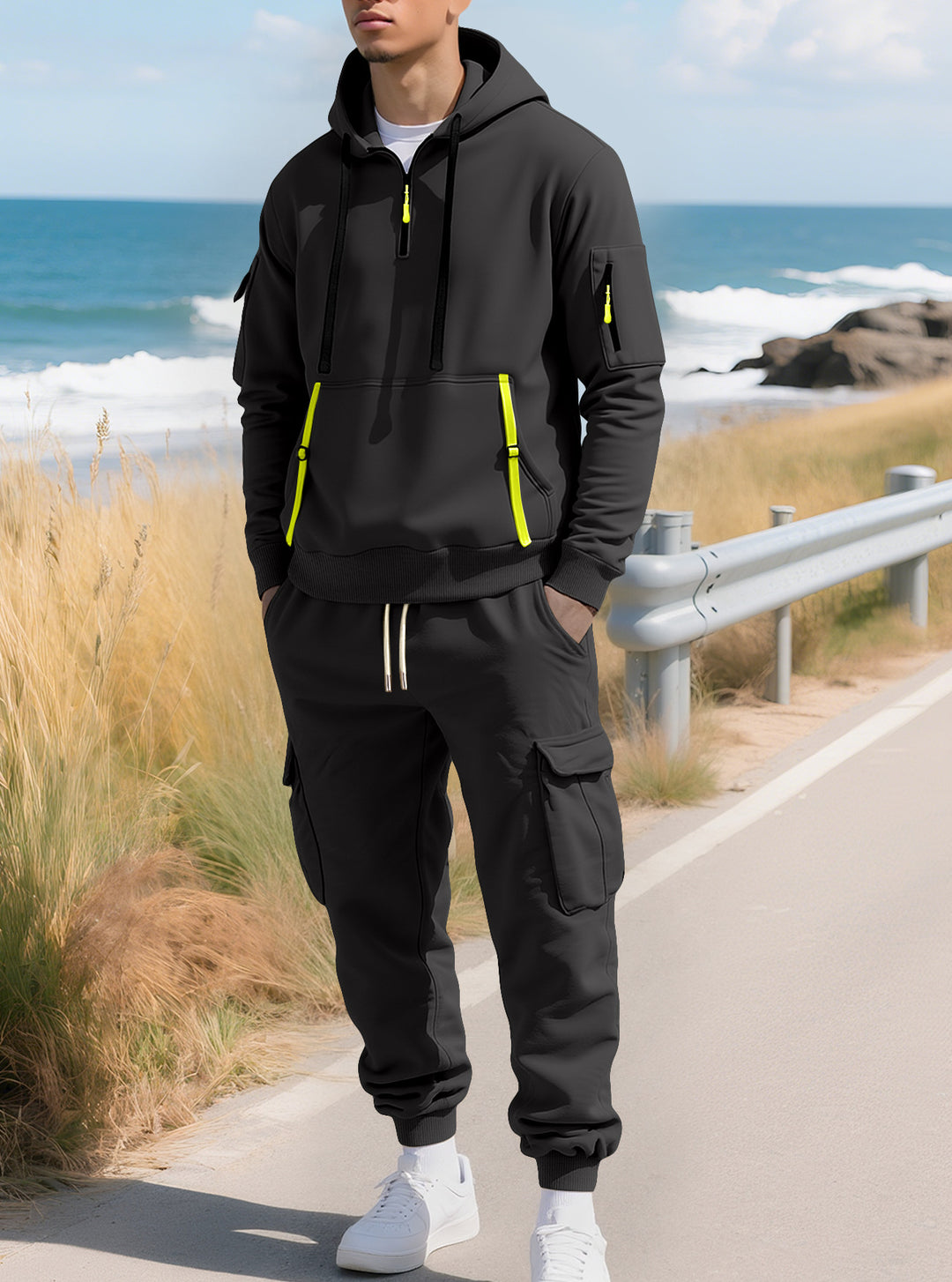 Herren nan lässiger Halbzip Hoodie mit Kängurutasche und Cargo Jogginghose mit Reißverschlussdetails Echo Archiv