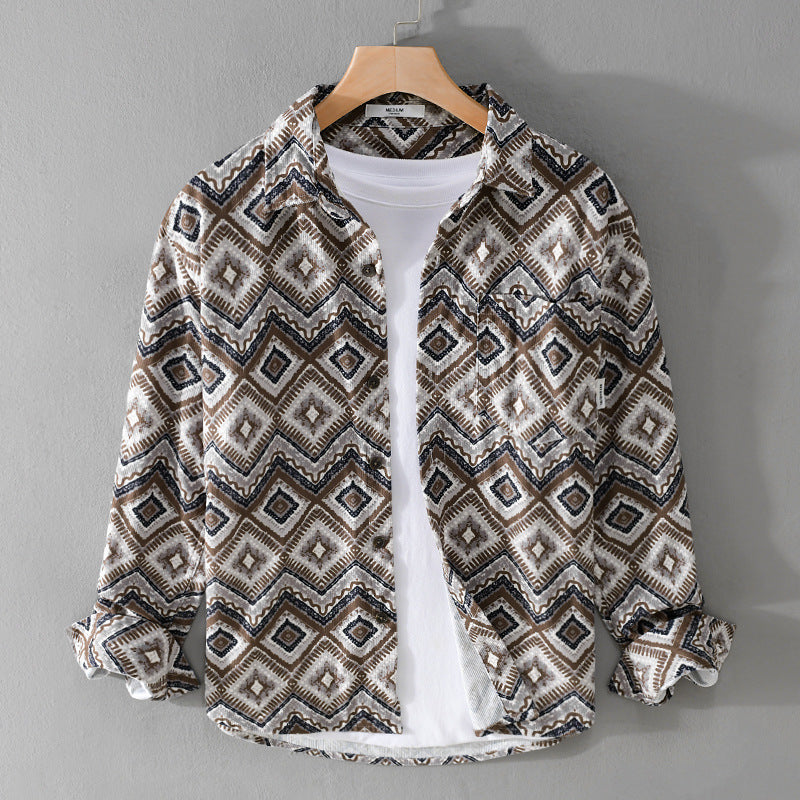 Herren Gemustertes Overshirt im Relaxed-Fit mit geometrischem Diamantprint und Brusttasche Echoarchiv