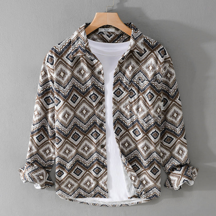 Herren Gemustertes Overshirt im Relaxed-Fit mit geometrischem Diamantprint und Brusttasche Echoarchiv