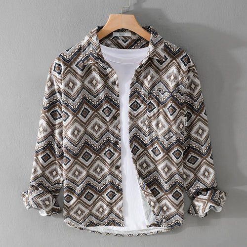 Herren Gemustertes Overshirt im Relaxed-Fit mit geometrischem Diamantprint und Brusttasche Echoarchiv