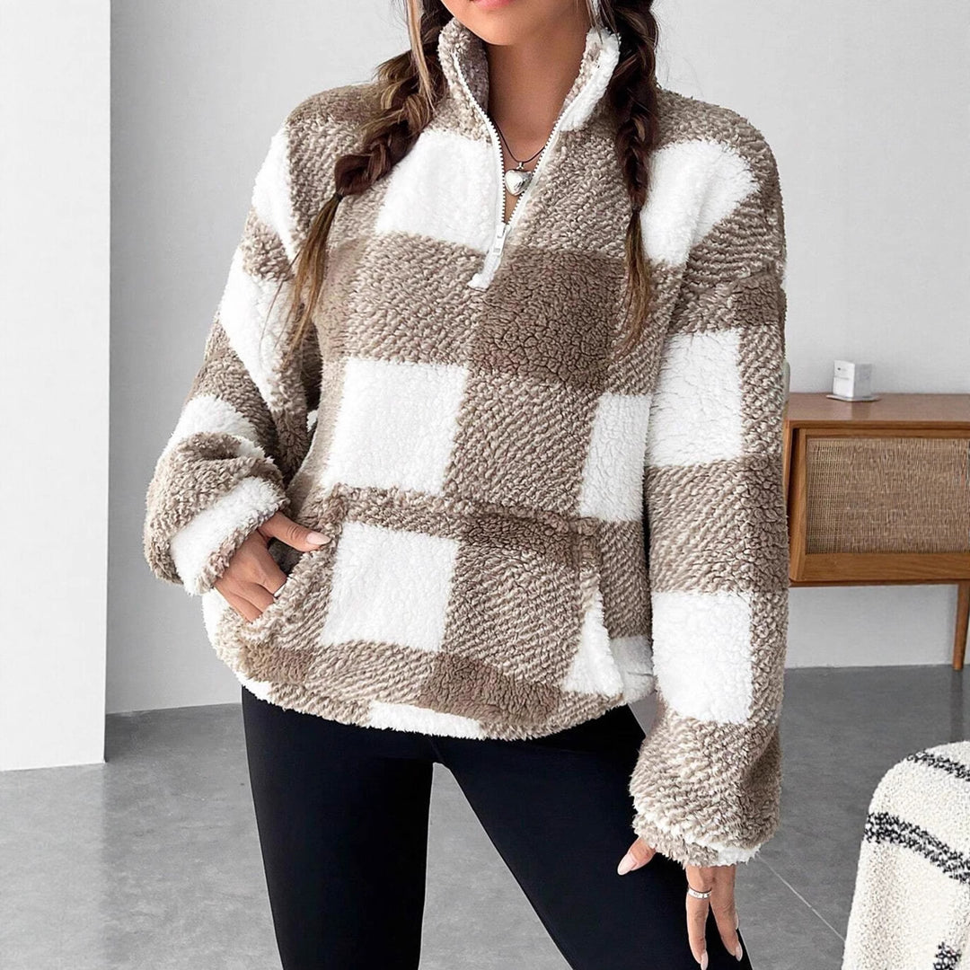 Damen nan kuscheliger Sherpa-Pullover mit Stehkragen, Half-Zip und Kängurutasche Echo Archiv