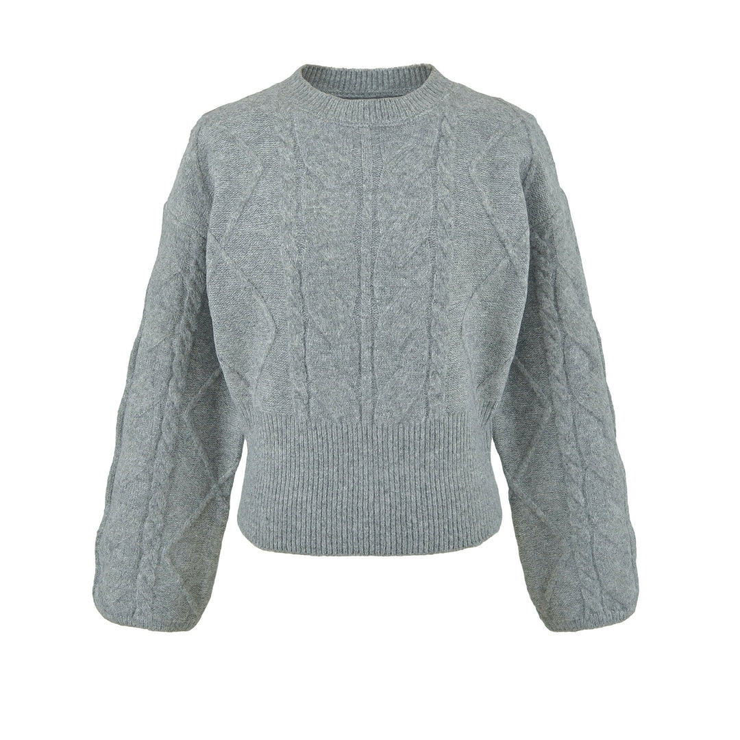 Damen Kurzer Zopfmuster-Strickpullover mit tailliertem Rippbündchen Echoarchiv