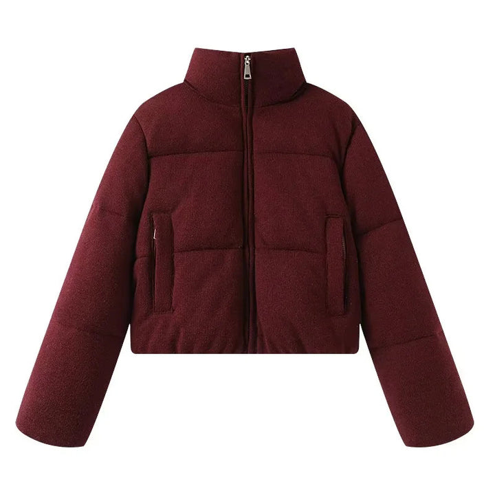 Damen cropped Teddy-Steppblouson mit hohem Kragen und verdecktem Reißverschluss – Célinea