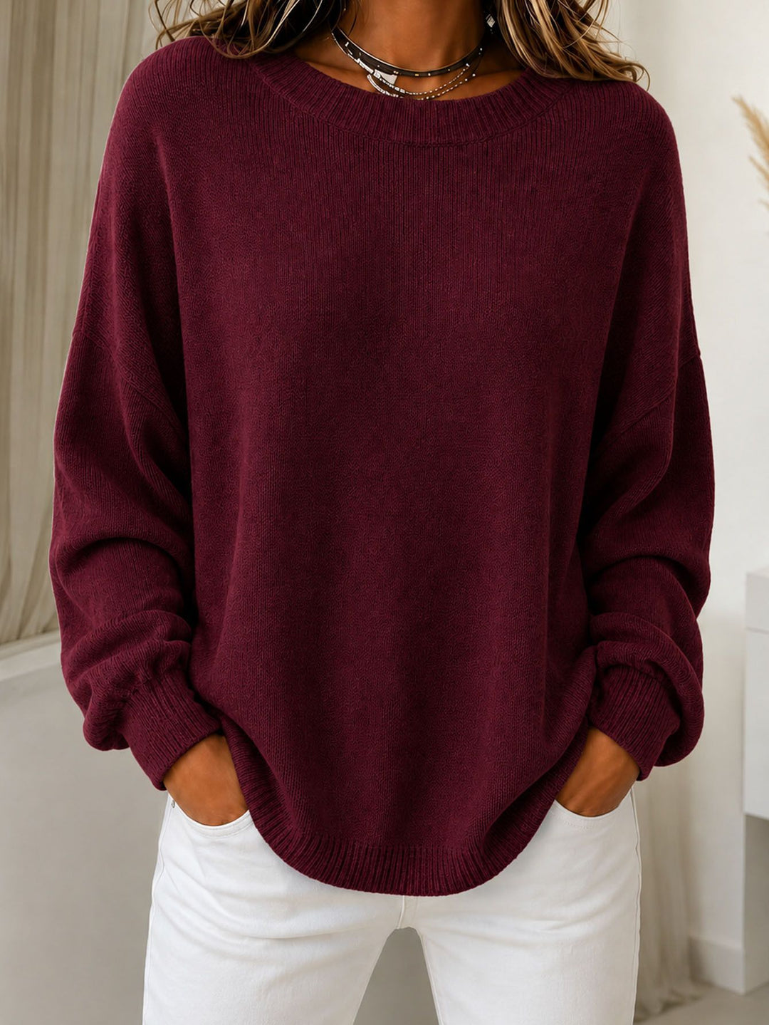 Damen Leichter Cashmere‑Touch Pullover mit Rundhalsausschnitt, überschnittener Schulter und gerippten Bündchen – Mavelle