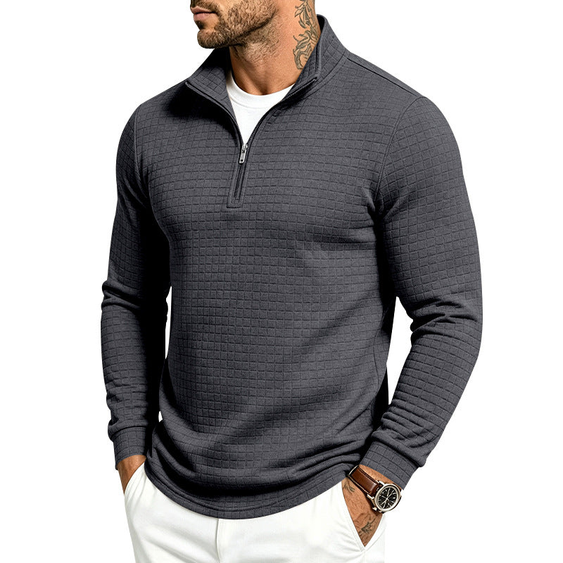 Herren Slim-Fit Pullover mit halbem Reißverschluss und geprägter Quadratstruktur Echoarchiv