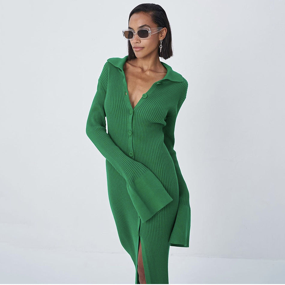 Damen Figurbetontes Rippenstrick-Knopfkleid mit Polokragen Drune