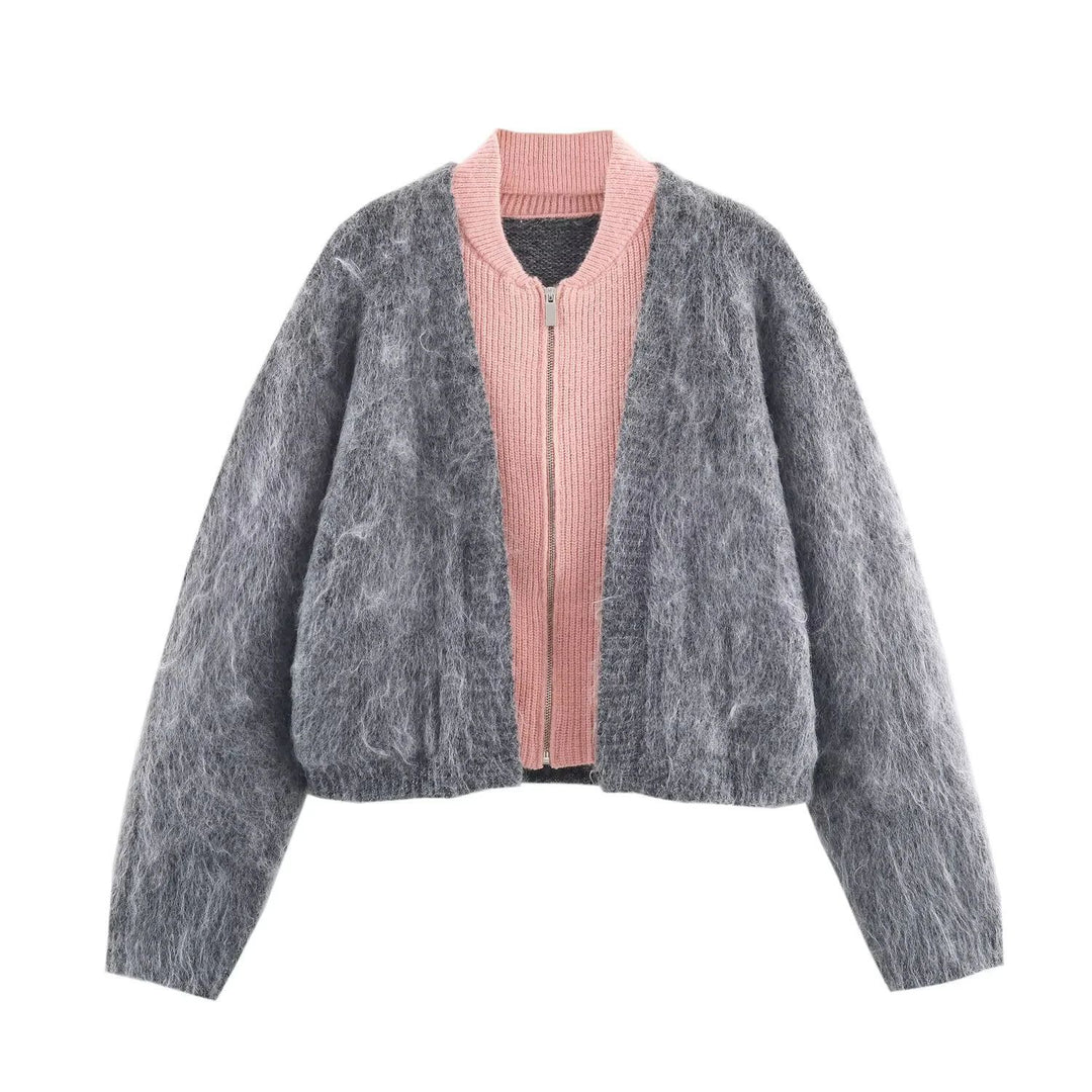 Damen kuscheliger Mohair‑Optik Cardigan mit integrierter Reißverschluss‑Innenjacke und Bomberkragen – Veloura