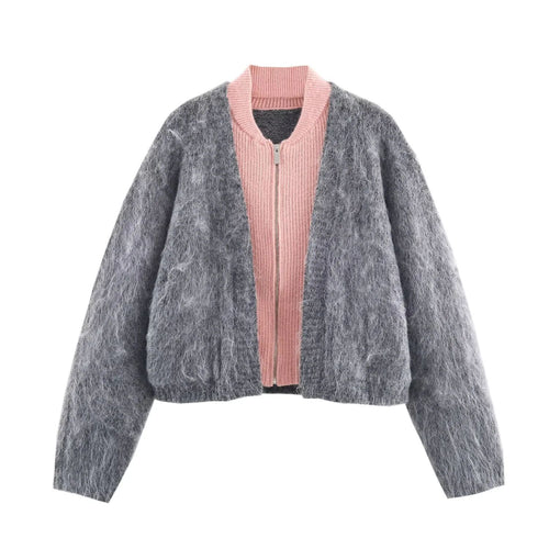 Damen kuscheliger Mohair‑Optik Cardigan mit integrierter Reißverschluss‑Innenjacke und Bomberkragen – Veloura