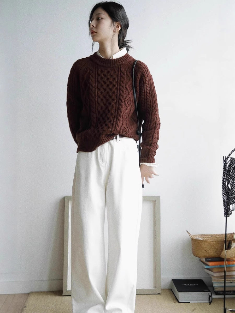 Damen Strukturierter Zopfmuster-Pullover aus Merino-Mix mit gerippten Abschlüssen und kastiger Passform Echoarchiv