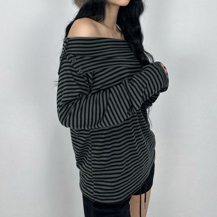 Damen nan schulterfreies Langarmshirt mit Carmen-Ausschnitt, taillierter Passform und feinem Streifenmuster Echo Archiv
