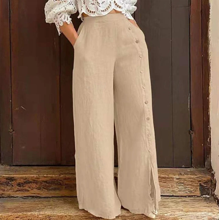 Damen nan hochgeschnittene Leinenhose mit seitlicher Zierknopfleiste, Eingrifftaschen und weitem Beinschnitt Echo Archiv