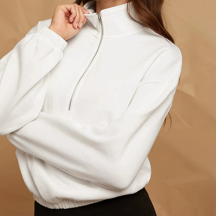 Damen halbzip Cropped Sweatshirt mit hohem Stehkragen, Kängurutasche und elastischem Saum – Auréline