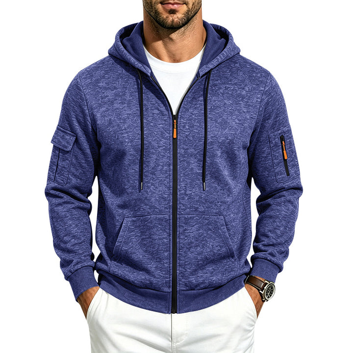Herren Melierte Zip‑Hoodie‑Jacke mit Utility‑Ärmeltasche und Känguru‑Taschen Echoarchiv