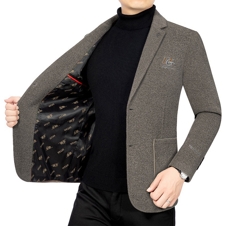 Herren Bouclé-Sakko mit kontrastierendem Satin-Innenfutter und Bruststickerei – Tianoro