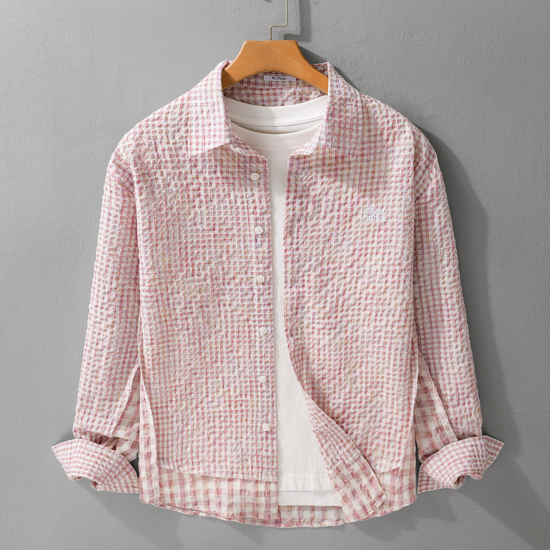 Damen Relaxed-Fit Crinkle-Hemdjacke mit feiner Gingham‑Webstruktur und dezenter Bruststickerei Echoarchiv