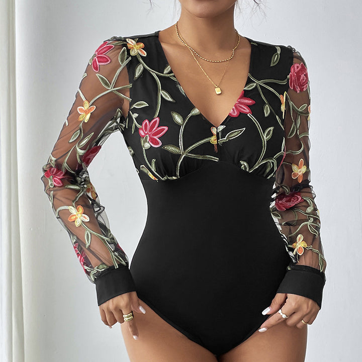 Damen Bestickter Mesh-Body mit V-Ausschnitt, figurformendem Rumpf und transparenten Blumenärmeln – Bodéline
