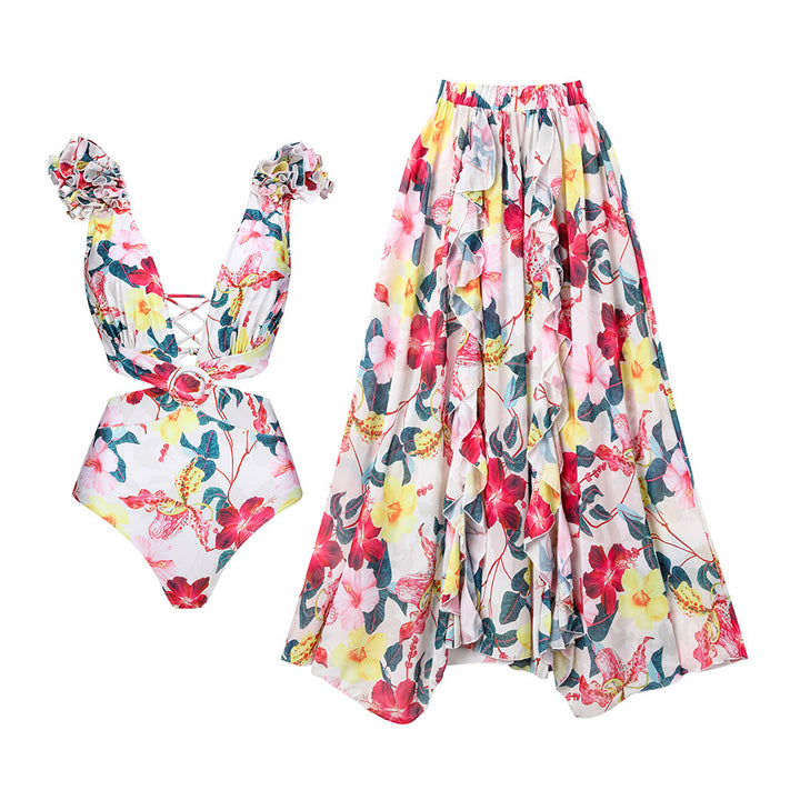 Damen eleganter Floral Badeanzug mit gewelltem Schulterdesign Echo Archiv