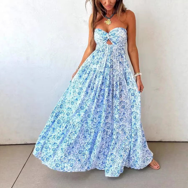 Damen nan trägerloses gedrehtes Bustier-Maxikleid mit Cut-out und mehrlagigem Stufenrock in leichter Crinkle-Qualität Echo Archiv