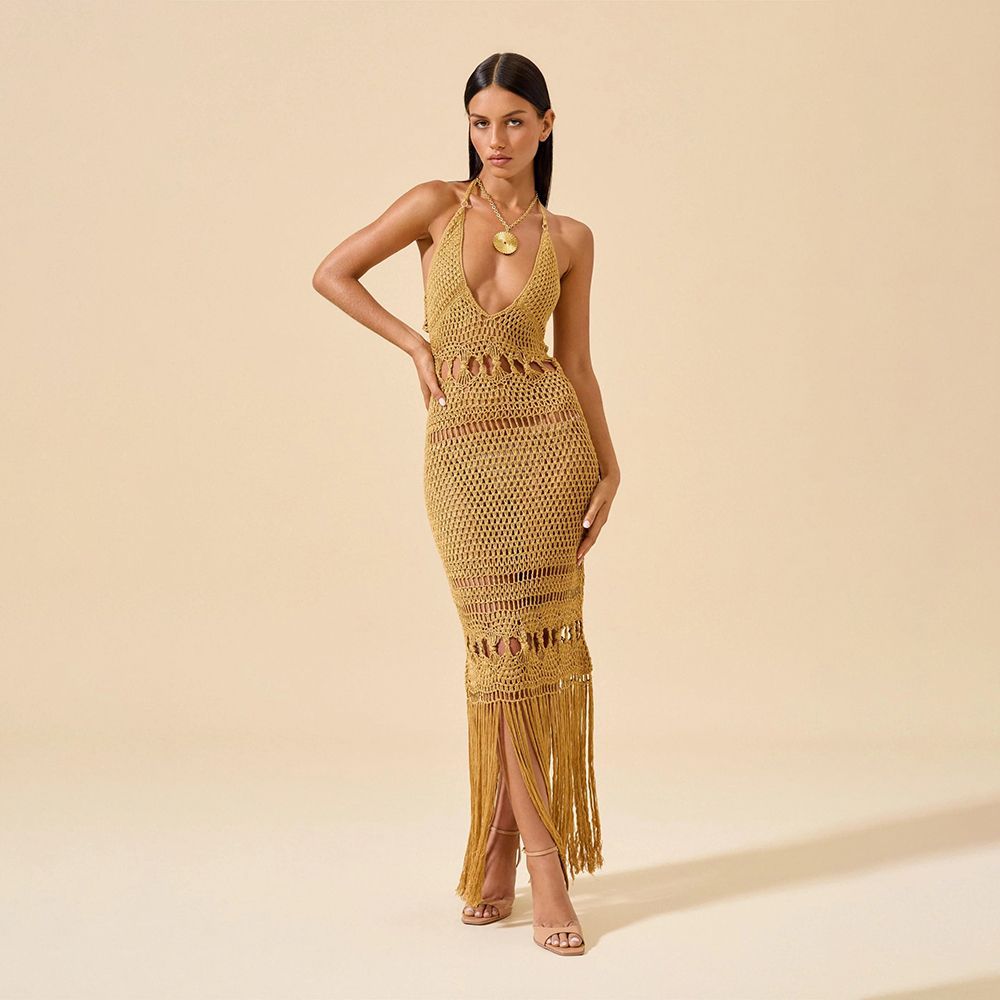 Damen Häkel-Strandkleid mit tiefem V-Ausschnitt und kreativem Cut-Out Echo Archiv