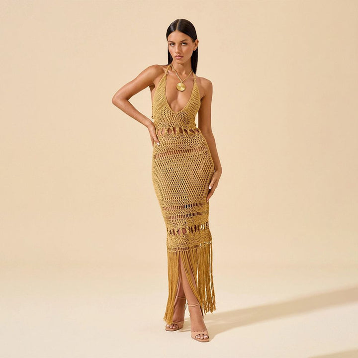 Damen Häkel-Strandkleid mit tiefem V-Ausschnitt und kreativem Cut-Out Echo Archiv