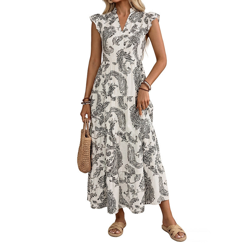 Damen Maxikleid mit Paisley‑Print, V‑Ausschnitt und Stufenrock Echoarchiv