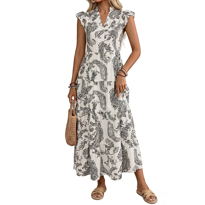 Damen Maxikleid mit Paisley‑Print, V‑Ausschnitt und Stufenrock Echoarchiv
