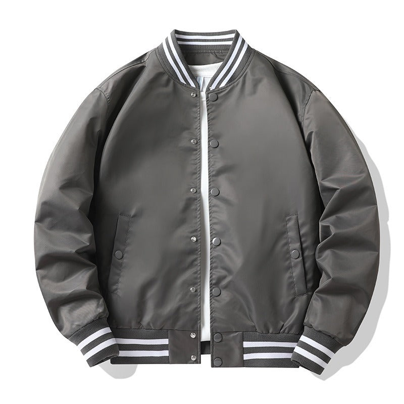 Men's retro-striped collar varsity snap-front satin-effect bomber jacket – Brevano