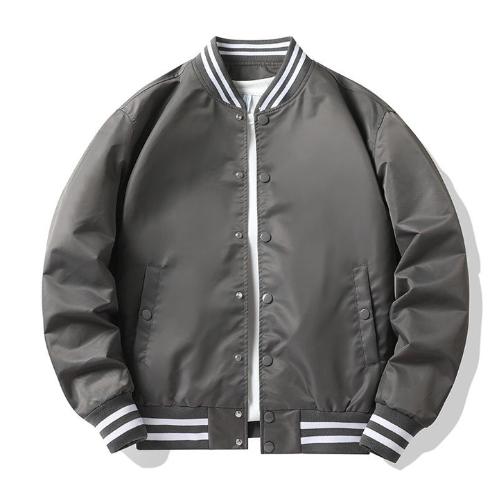 Men's retro-striped collar varsity snap-front satin-effect bomber jacket – Brevano
