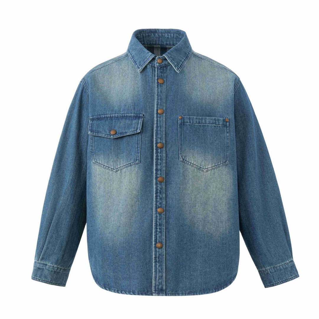 Unisex Oversize Denim‑Hemdjacke mit Druckknopfleiste und aufgesetzten Brusttaschen Echoarchiv