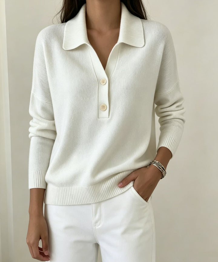 Damen Polokragen-Pullover mit halber Knopfleiste und geripptem Saum – Mavelle