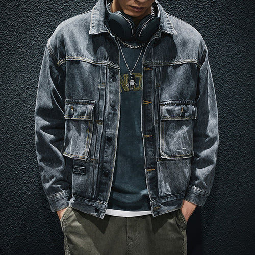 Herren Lässige Denimjacke mit modernen Applikationen Echoarchiv