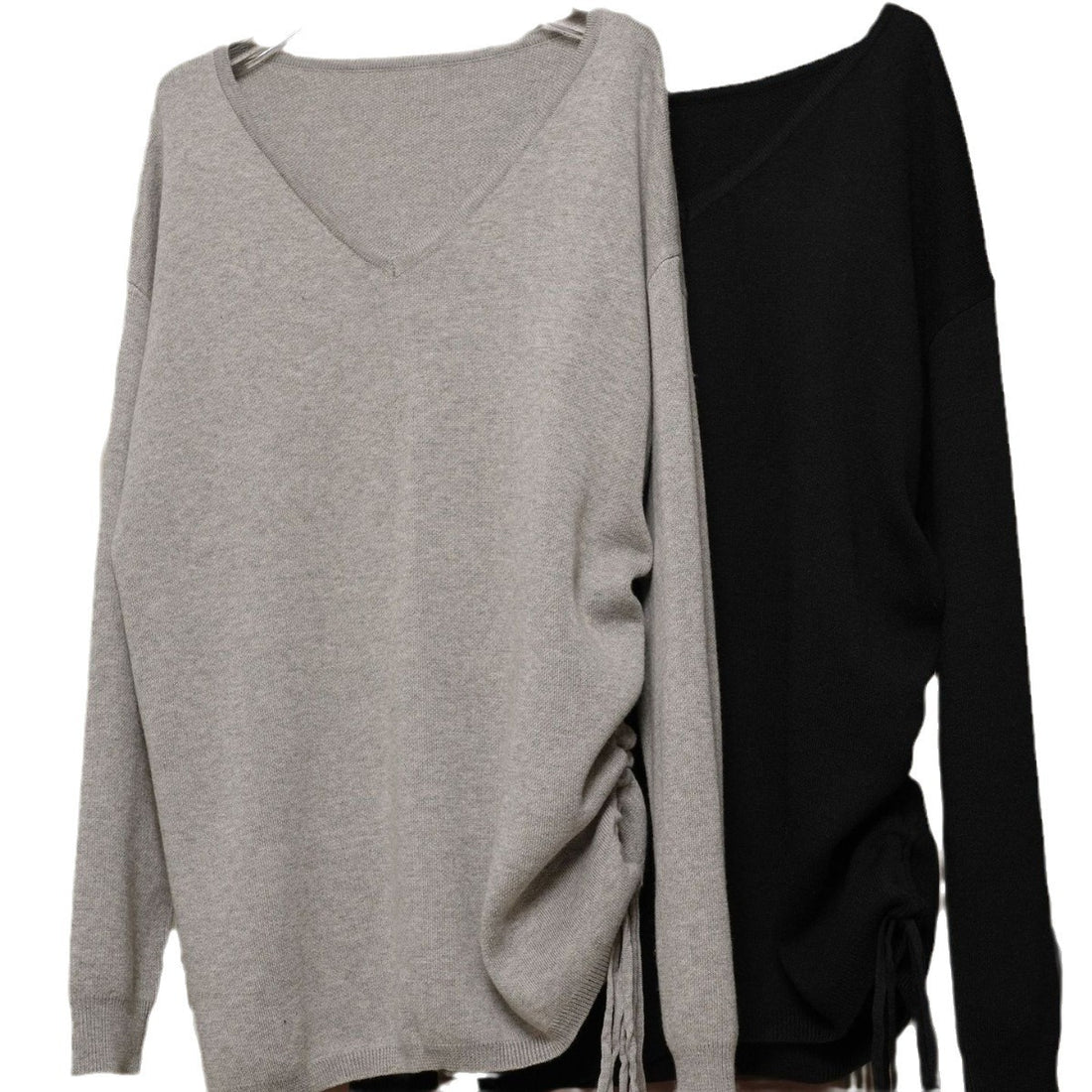Damen Oversized V-Ausschnitt Feinstrick-Longpullover mit Seitenschlitzen Echoarchiv