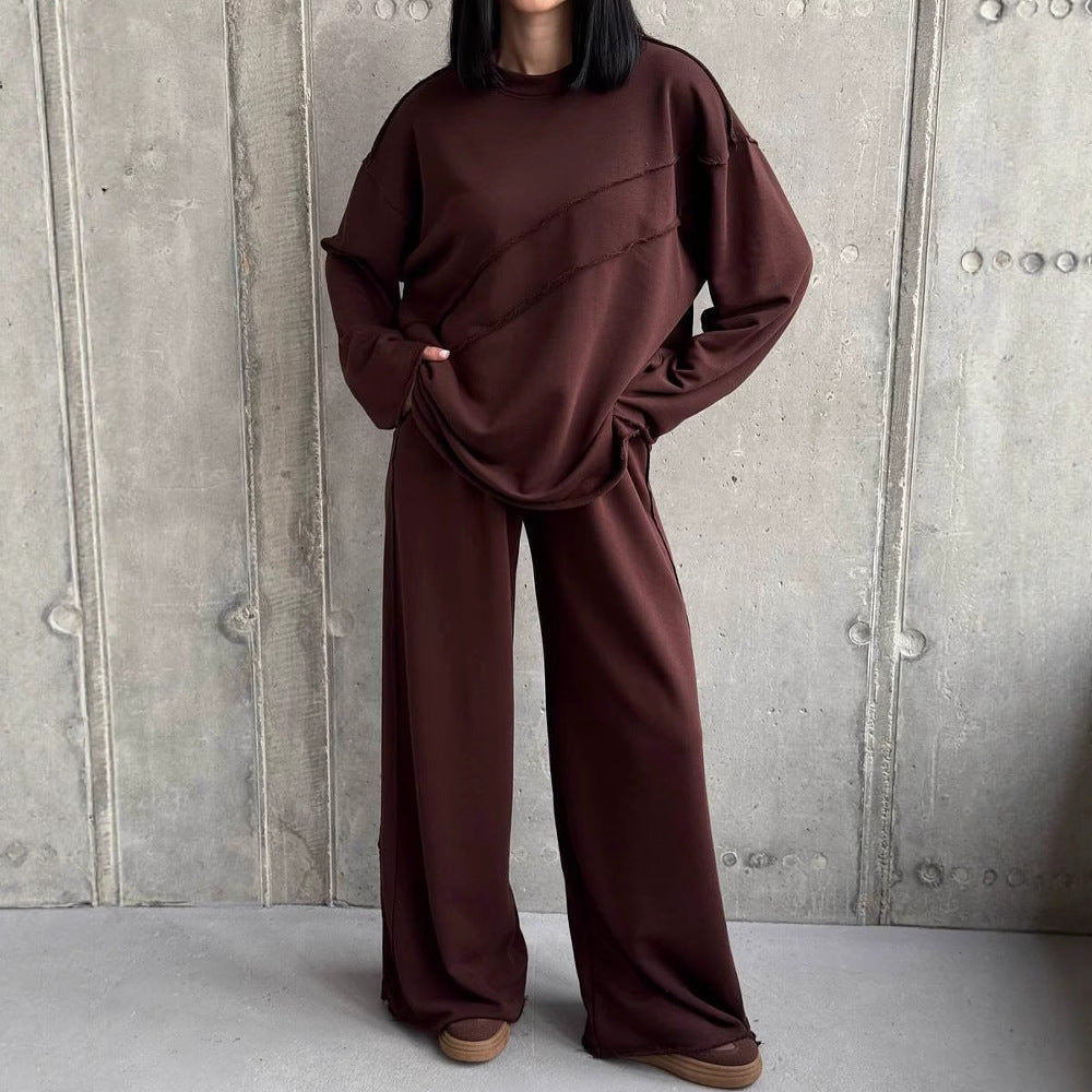 Damen weiches Oversize Lounge-Set mit diagonalem Ziernähten und extra weiter Palazzo-Hose – Élanora