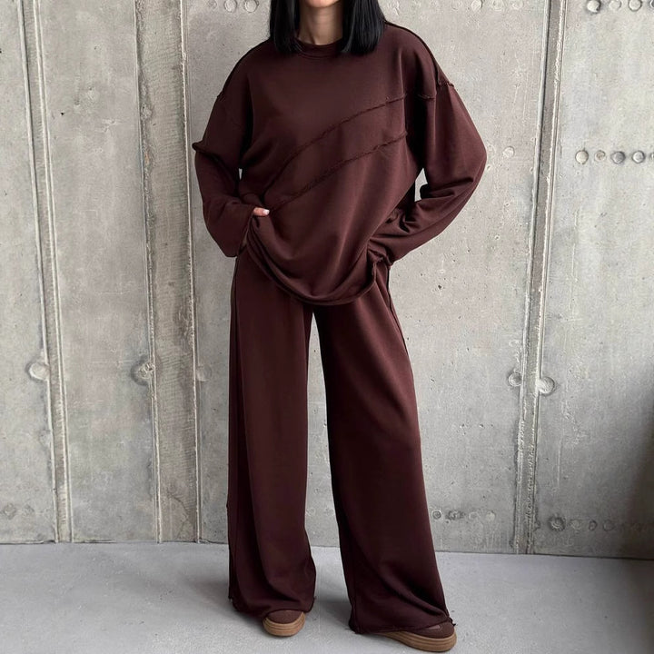 Damen weiches Oversize Lounge-Set mit diagonalem Ziernähten und extra weiter Palazzo-Hose – Élanora