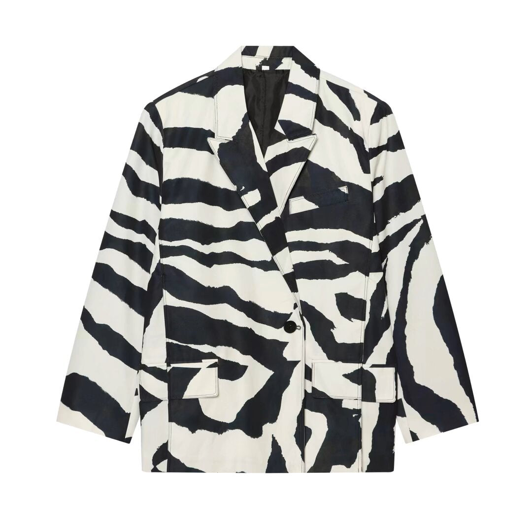 Damen Oversize-Blazer mit Zebra-Print, fallendem Revers und Pattentaschen Echo Archiv
