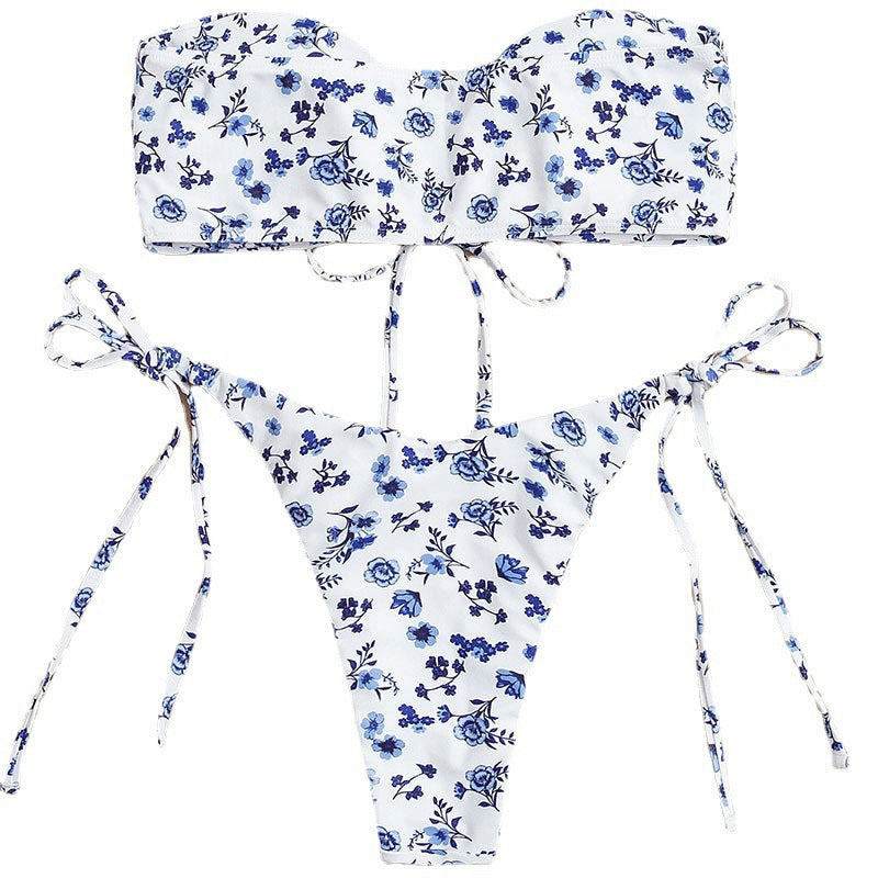 Damen Bandeau-Bikini mit romantischem Floral-Design und verstellbaren Schnürdetails Echo Archiv
