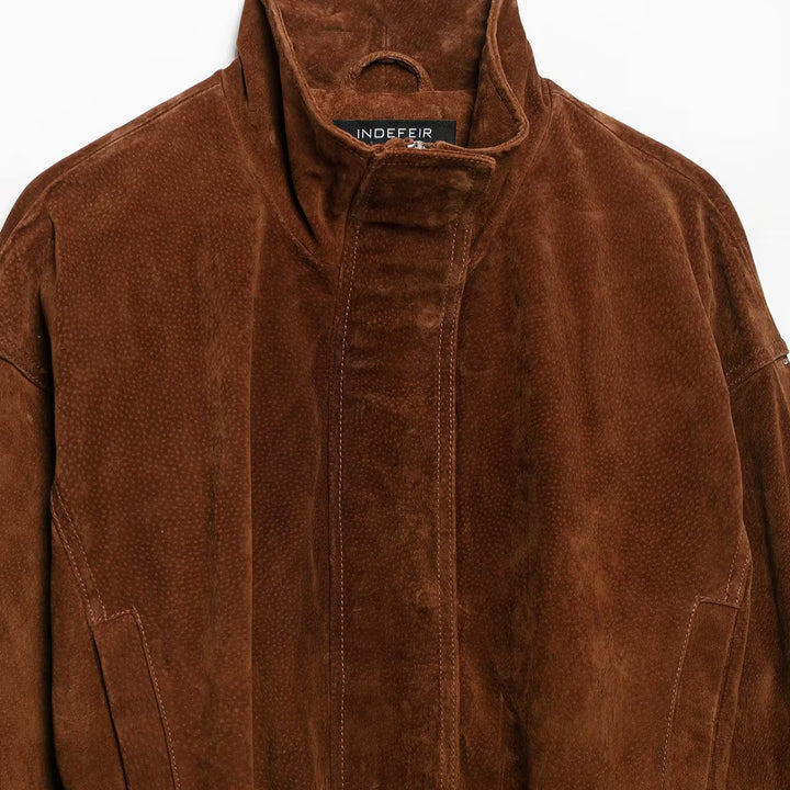 Damen Taillenbetonte Velourslederjacke im Trenchstil mit Stehkragen und breitem Bindegürtel Echoarchiv