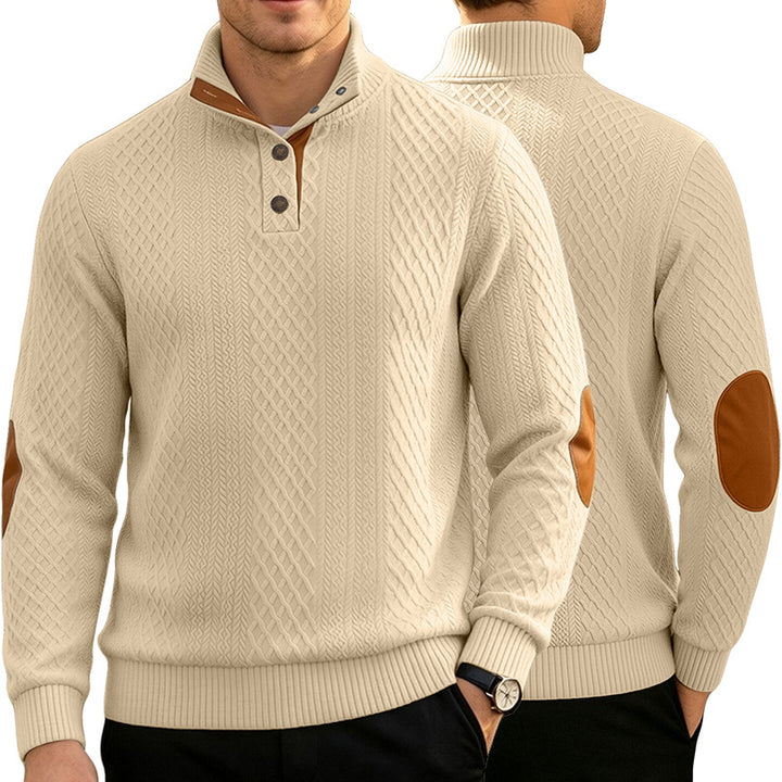 Herren Kabelstrick Troyer Pullover mit Stehkragen und Lederoptik-Ellbogen-Patches – Norvane