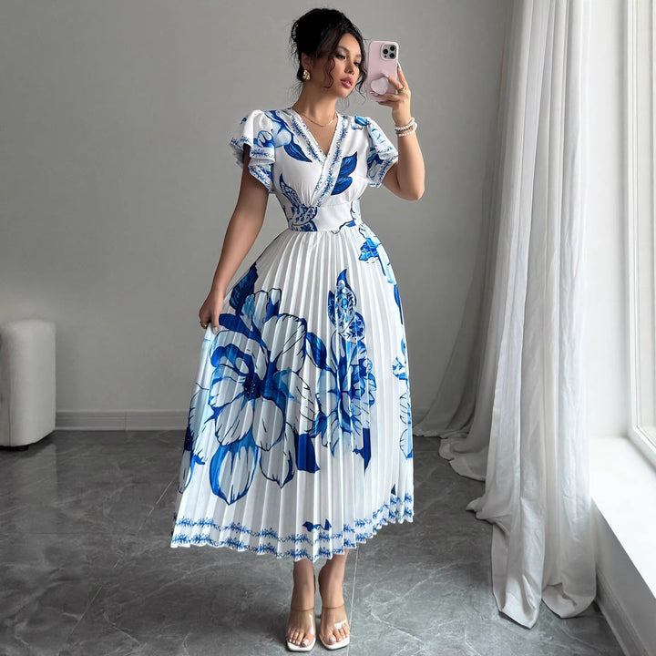 Damen Plissiertes Maxi-Jersey-Kleid mit floralen Akzenten und V-Ausschnitt Echo Archiv