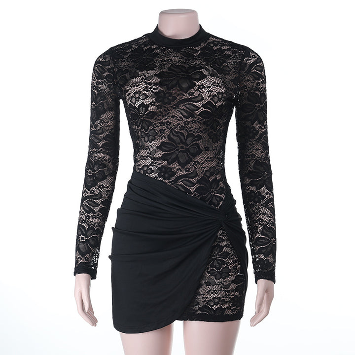 Damen figurbetontes Minikleid mit Spitzenärmel und avantgardistischem Wickeldesign Echo Archiv