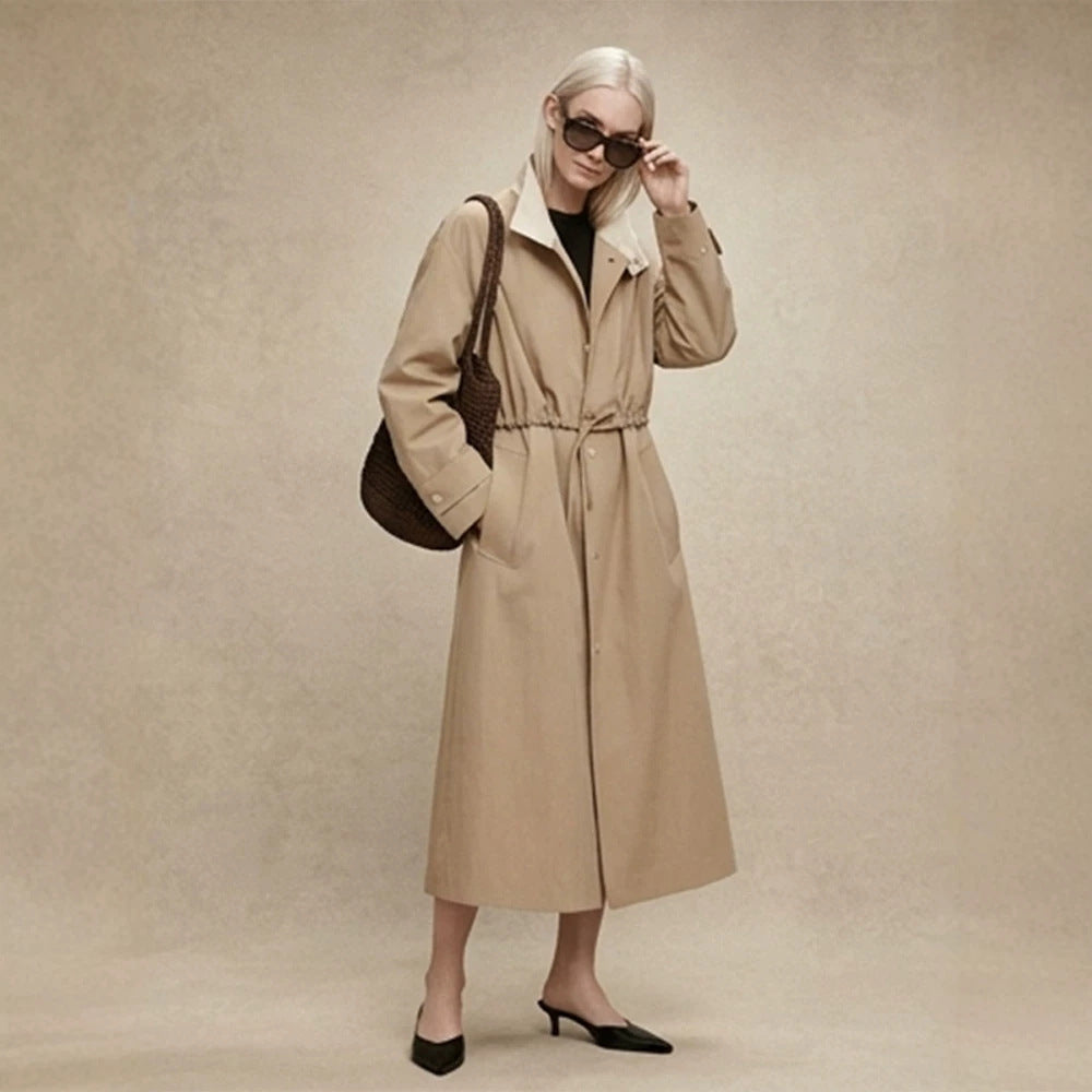 Damen Taillierter Mantel im Trenchcoat‑Stil mit Kordelzug‑Taille und Kontrastkragen Echoarchiv