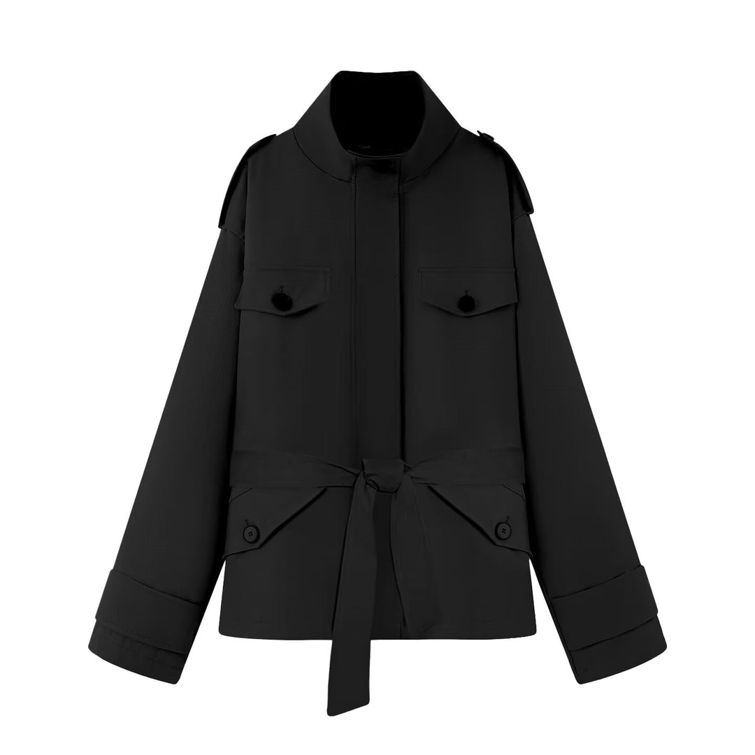 Damen Kurze Utility-Jacke mit Taillengürtel und Schulterklappen Echoarchiv