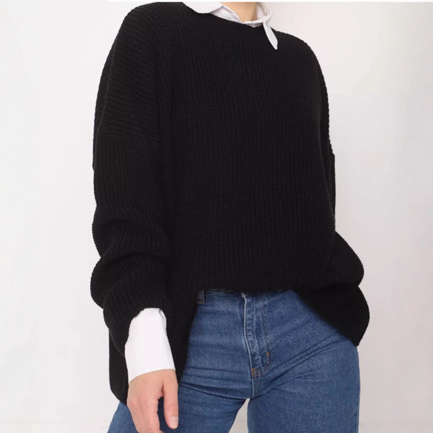Damen Oversize Strukturstrick-Pullover mit Rundhalsausschnitt und überschnittener Schulter – Mavelle