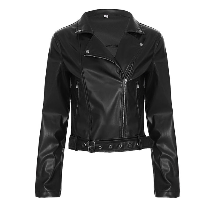 Damen nan taillierte Bikerjacke aus Kunstleder mit asymmetrischem Reißverschluss, metallischen Details und Taillengürtel Echo Archiv