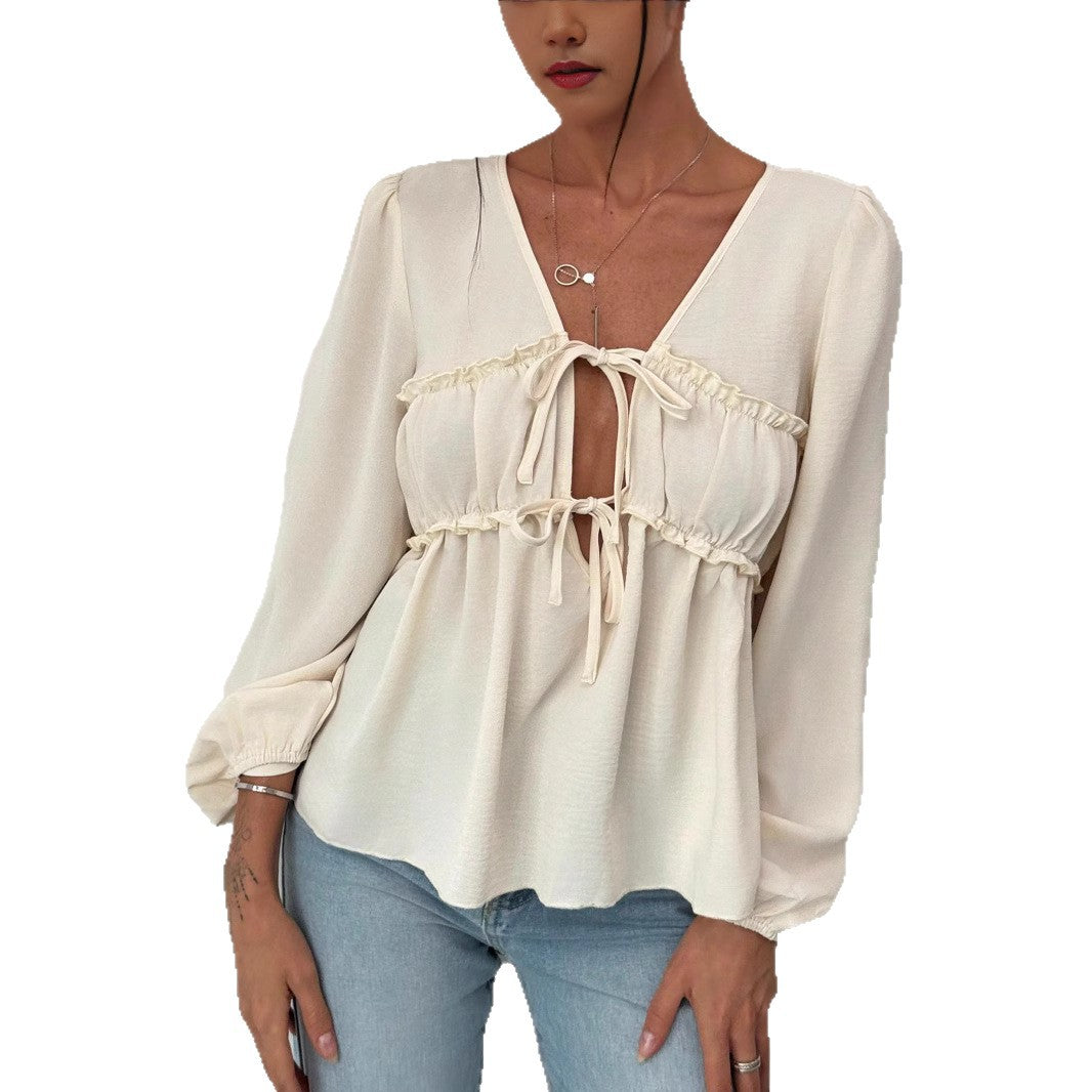 Damen Babydoll-Blusentop mit doppeltem Bindesystem und Ballonärmeln – Avérine