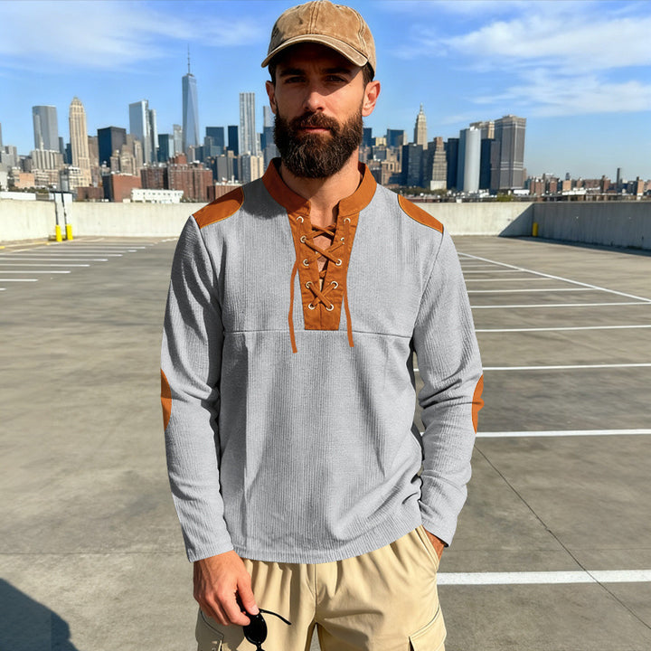 Herren Waffelstrick-Langarmshirt mit Schnürung und Kunstvelours-Ellbogenpatches – Cavarno