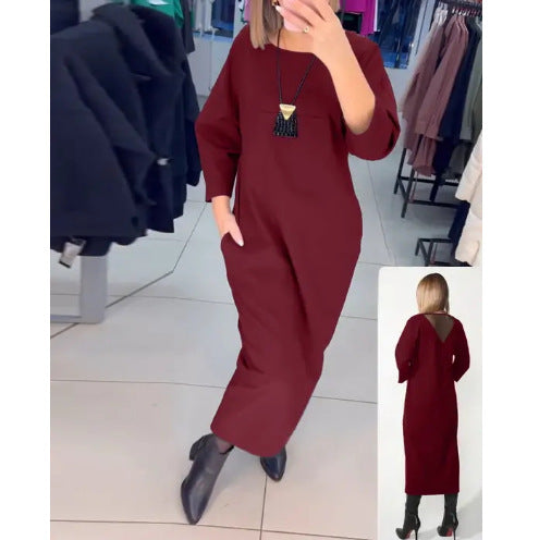 Damen nan gerades Maxikleid mit knöchellanger Silhouette, halblangen Ärmeln, Seitentaschen und transparentem V-Rücken Echo Archiv