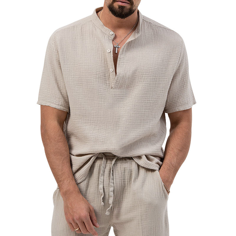 Herren lässiges Kurzarm-Henley-Shirt mit strukturierter Oberfläche Echoarchiv